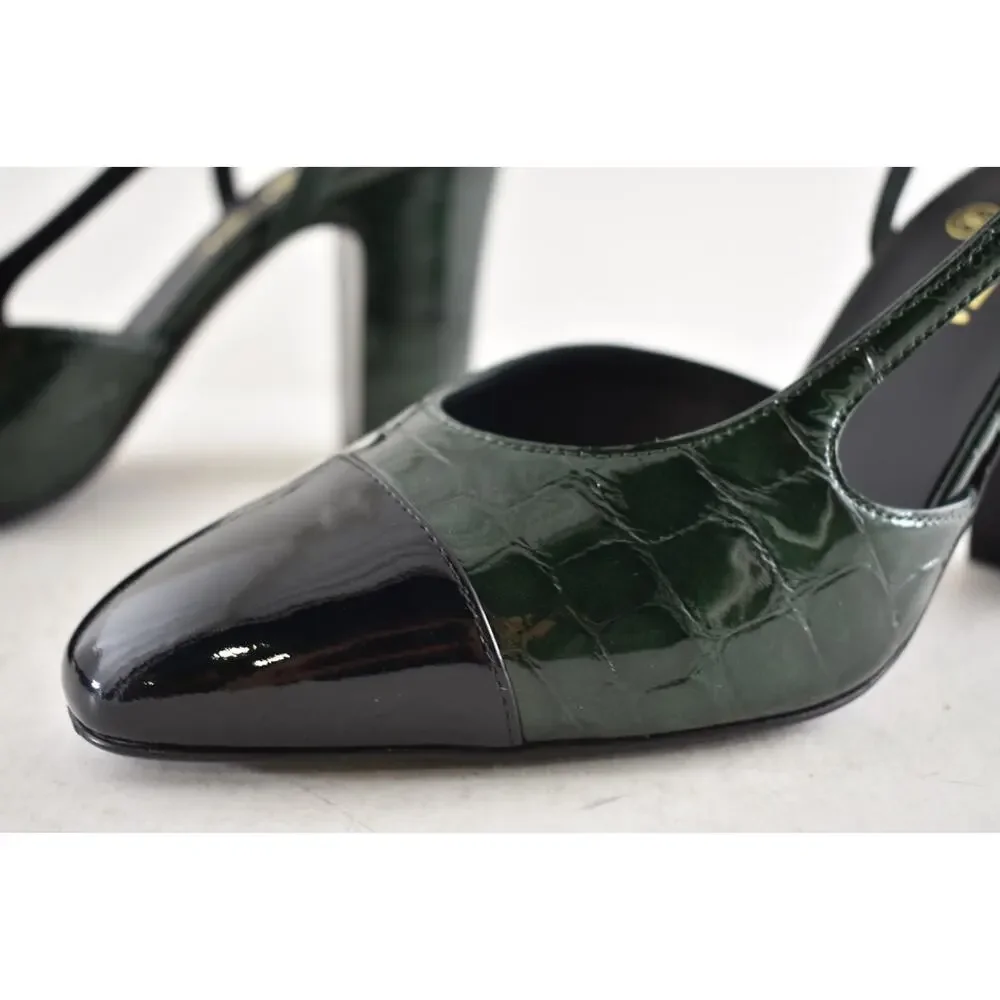 Chanel 26A Green Black Crocodile Croc Coco Sling Slingback Block Heel Pump 39.5c